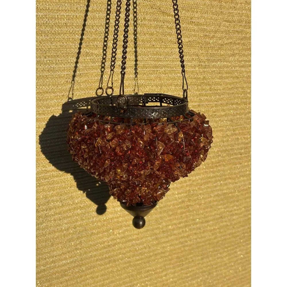 Vintage Hanging TeaLight Candle Holder Amber Glass Beads Metal Frame NOS New